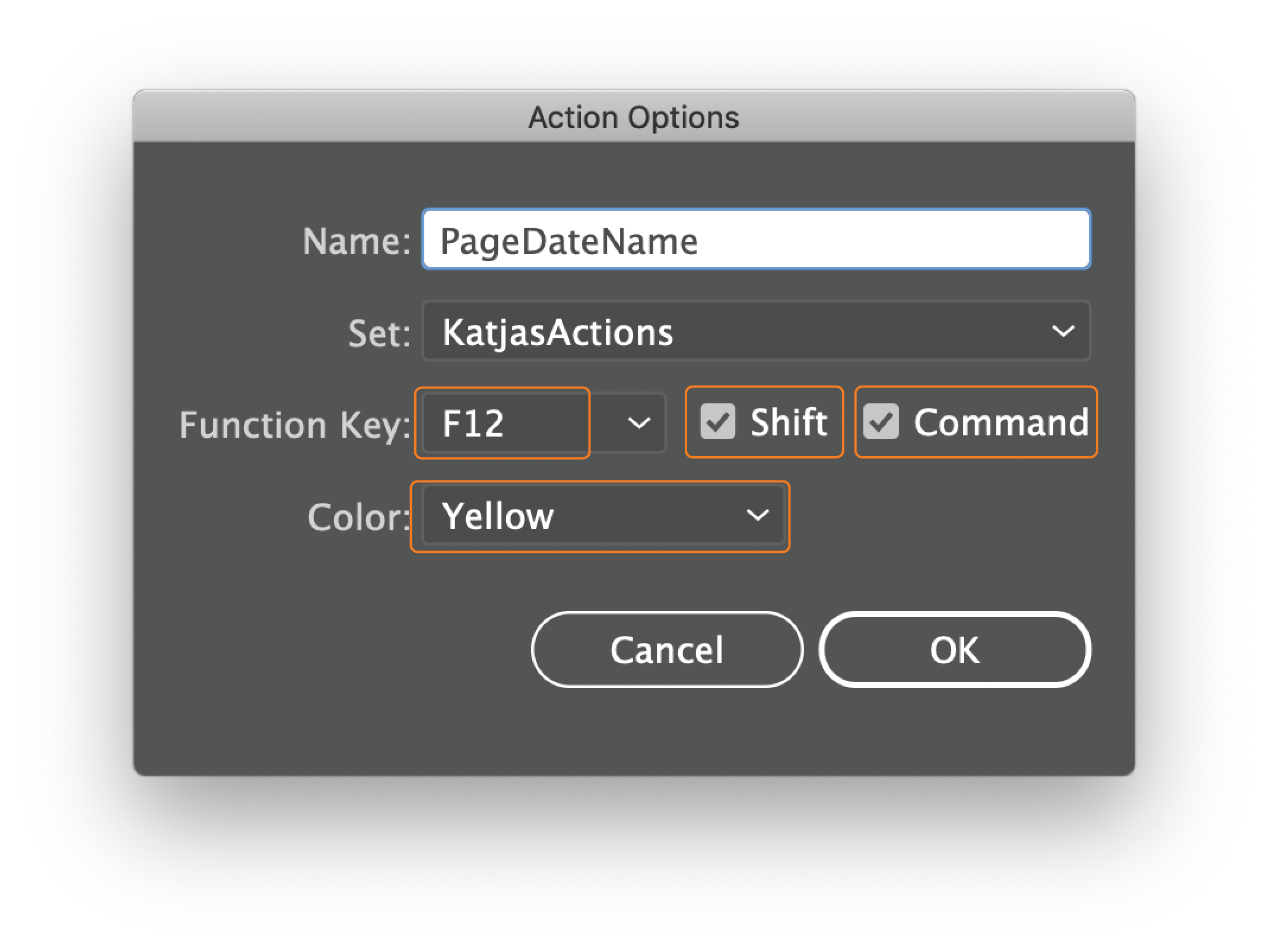 PageDateName new action dialog box