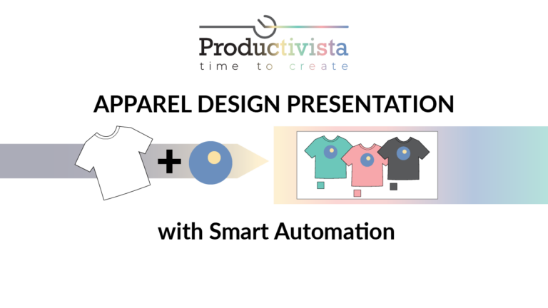 The header image for an article featuring the logo of 'Productivista' with the tagline 'time to create.' Below it, the text reads 'APPAREL DESIGN PRESENTATION with Smart Automation.' The graphic illustrates a plain white t-shirt plus an eye icon equating to a t-shirt design presentation, showcasing a variety of colored t-shirts.