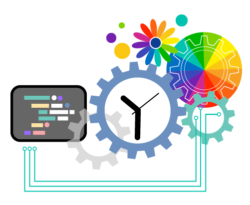 Graphic illustration of productivity tools, featuring a central clock with interconnected gears symbolizing time management, flanked by a colorful palette and a computer monitor displaying a task dashboard.