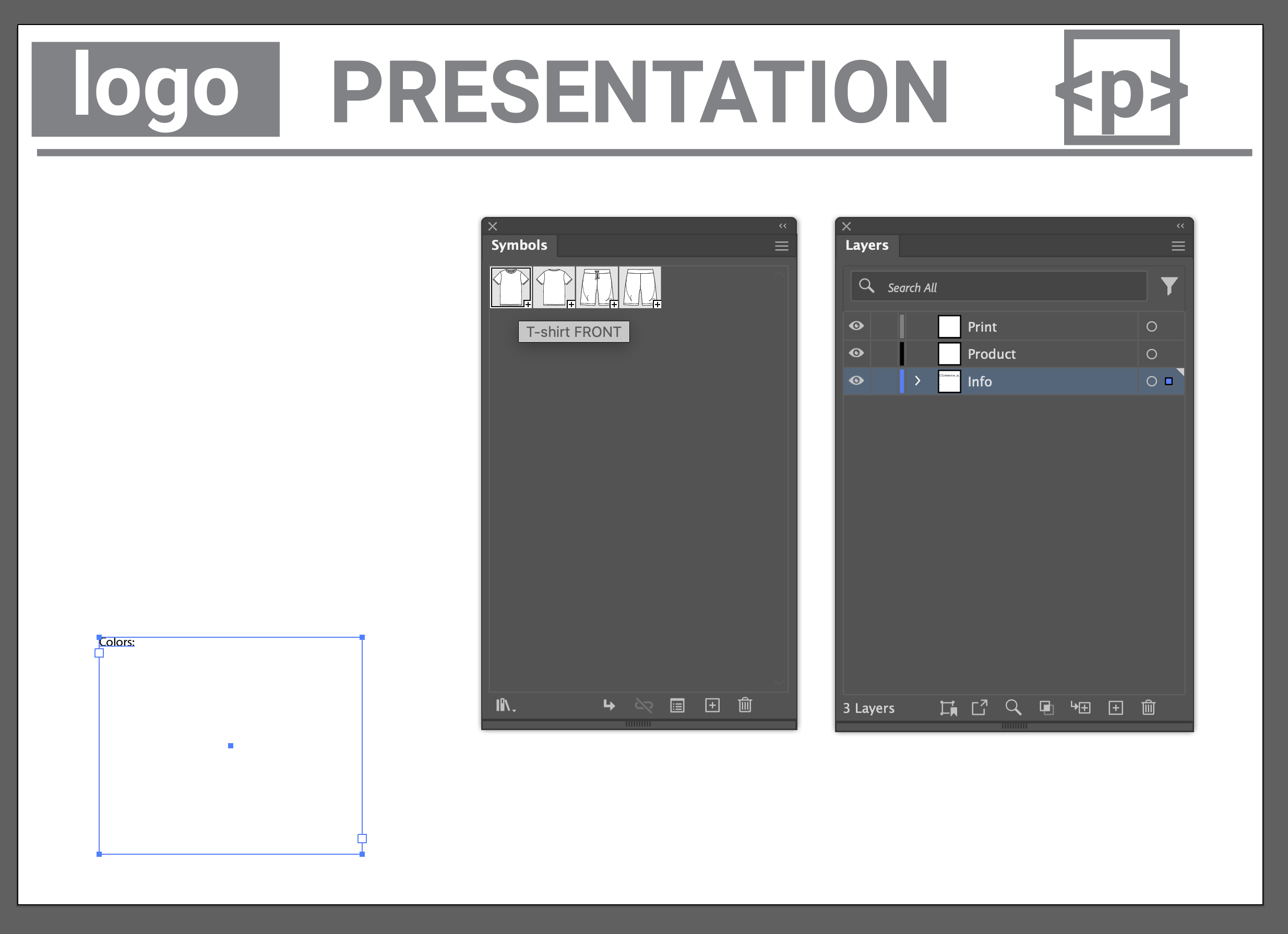 Screenshot of a design software interface showcasing a template for a t-shirt presentation. The template features organized layers labelled 'Print,' 'Product,' and 'Info,' indicating different design elements. In a symbols panel, various views of the t-shirt, including 'T-shirt FRONT', are represented. The overall layout is structured to facilitate a streamlined design process for creating and presenting t-shirt prints.