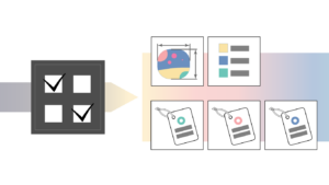 An infographic explaining the process of automating design for Adobe Illustrator supplier files and labels. A checklist leads to illustrations of a patterned circle, color palettes, and labels with colored dots and stripes, symbolizing different design elements and choices available through the automation script.