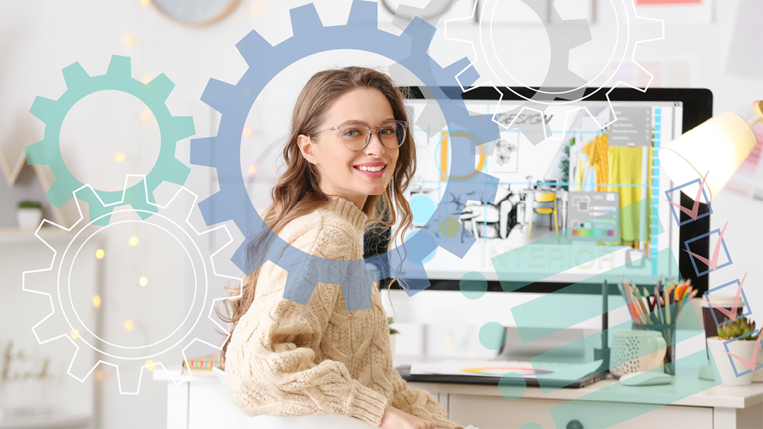 Smiling woman at desk with design software on screen, surrounded by overlay graphics of gears and checkmarks representing automation.