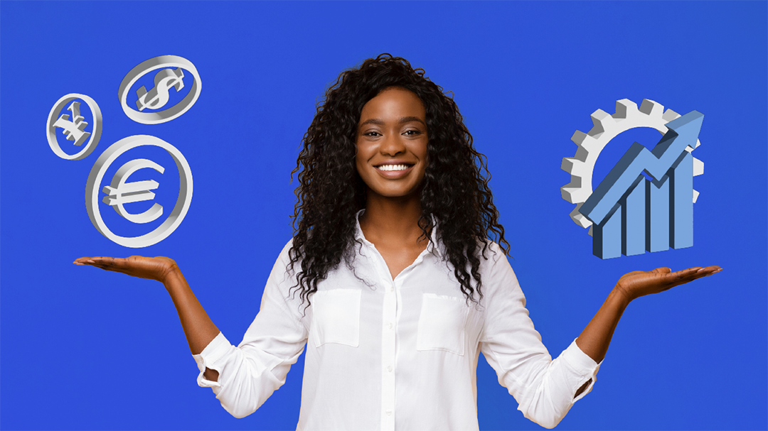 Smiling woman in a white shirt holding out both hands with currency symbols above one hand and a gear with an upward arrow graph above the other, symbolizing financial growth and efficiency