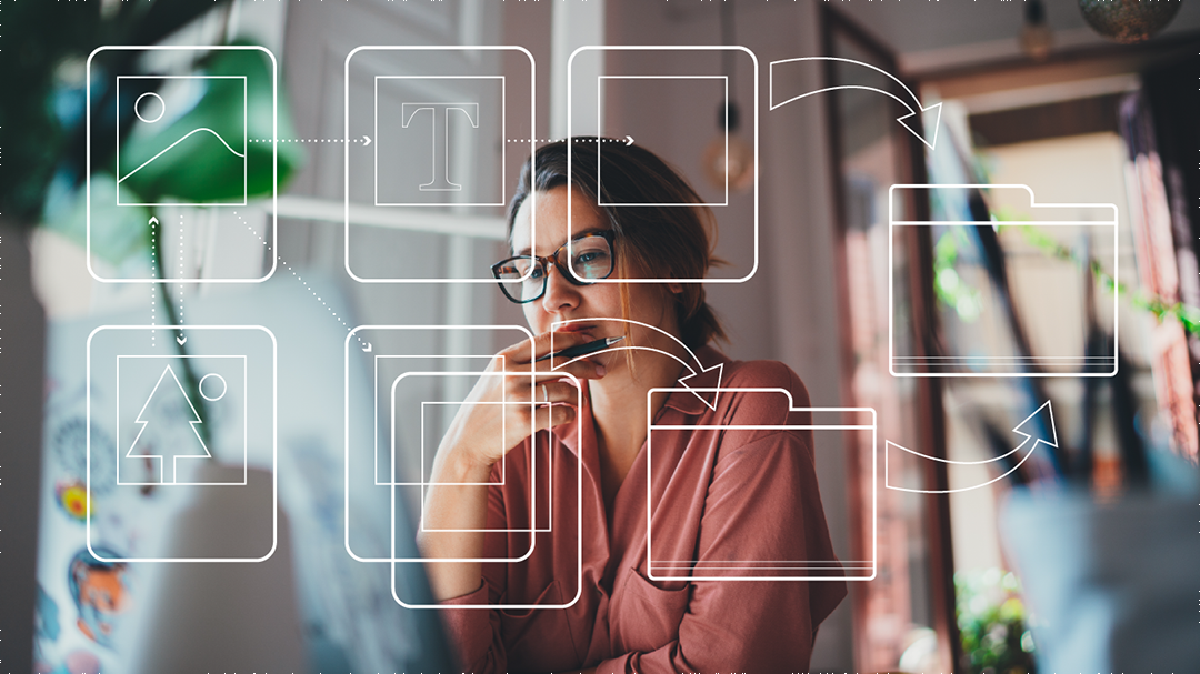 Thoughtful woman with glasses holding a pen, looking at her computer screen with overlay graphics of digital file flow and documents.