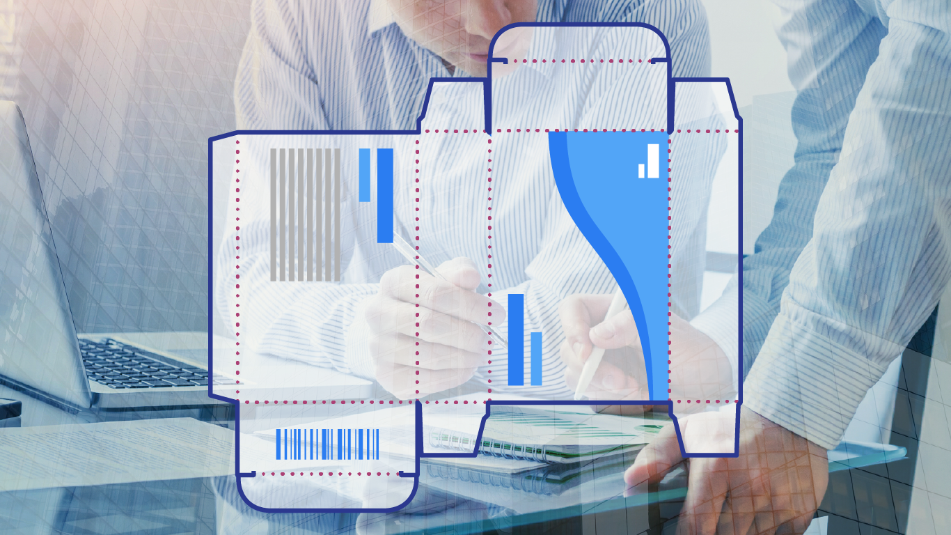 Business professionals discussing pharmaceutical packaging design with overlay of a box die-line.