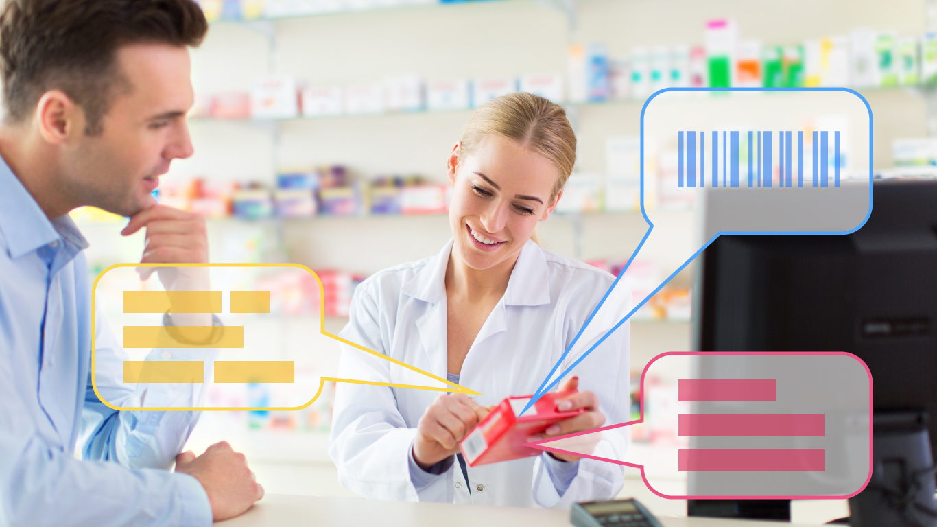 Pharmacist scanning a product with a barcode scanner while a customer watches.