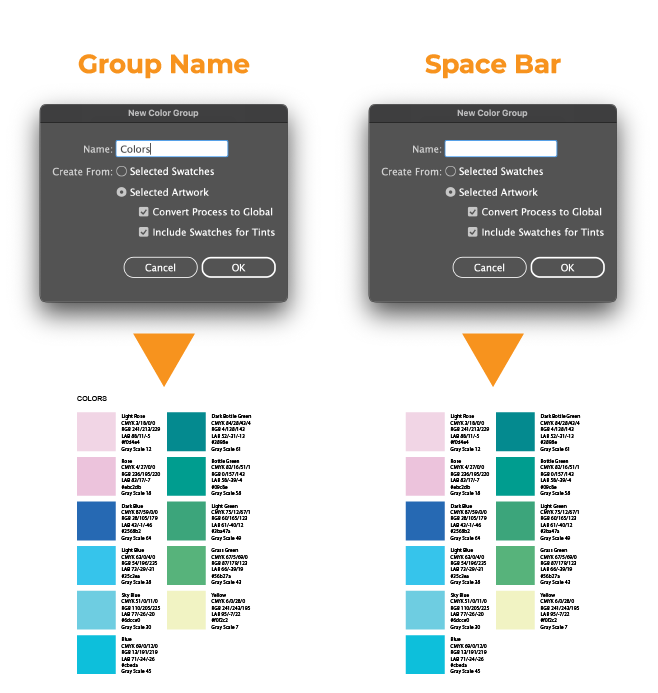 Comparison of improved ColorList Script output with a group name versus using a space bar. Both show color charts organized in rows.