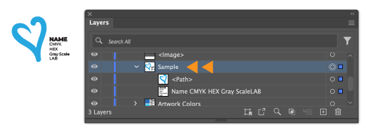 Illustrator showing a heart shape with color values and the Layers panel highlighting the "Sample" group with its path and text layers.