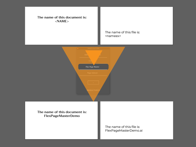 FlexPageMaster script example showing placeholders and converting to a document name and file name in Adobe Illustrator.