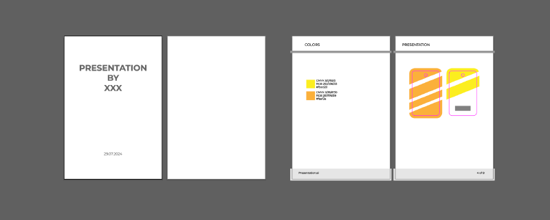 Final result of the FlexPageMaster script showing a completed title page and a color presentation layout with page numbers in Adobe Illustrator.