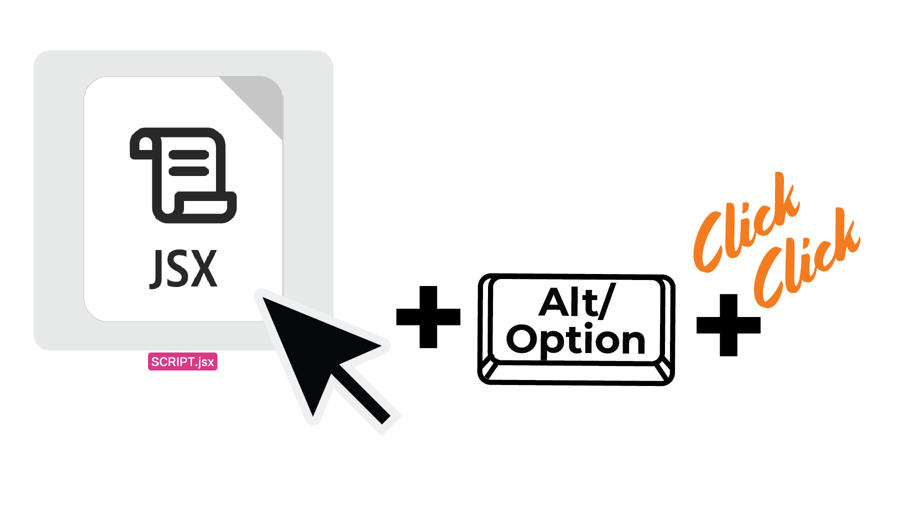 EAN13.jsx script icon with a pointer, an Alt or Option key, and a double-click symbol showing how to open the barcode settings.