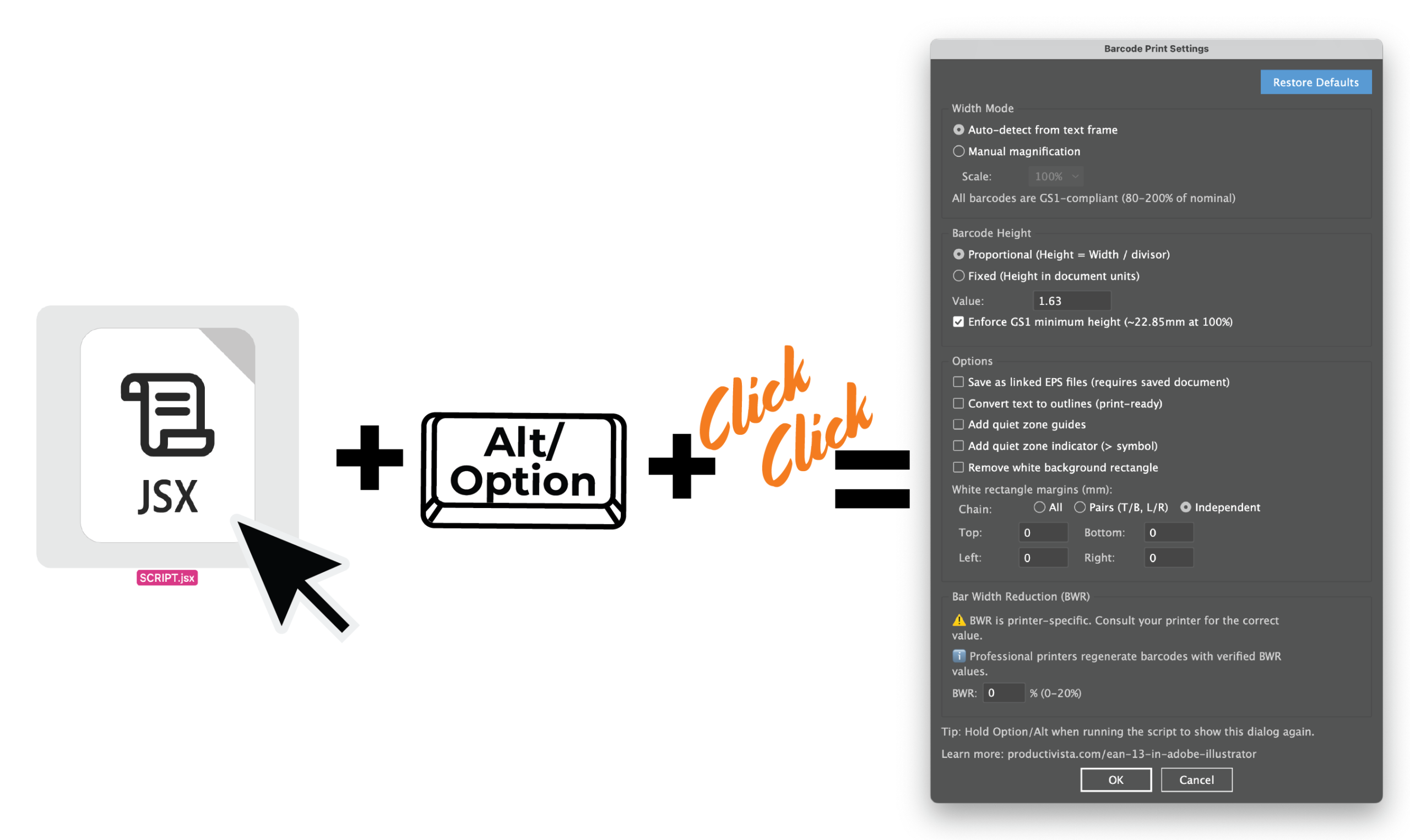 Script.jsx script icon with the Alt or Option key and a double-click action opening the EAN 13 Barcode Print Settings dialog box in Illustrator.
