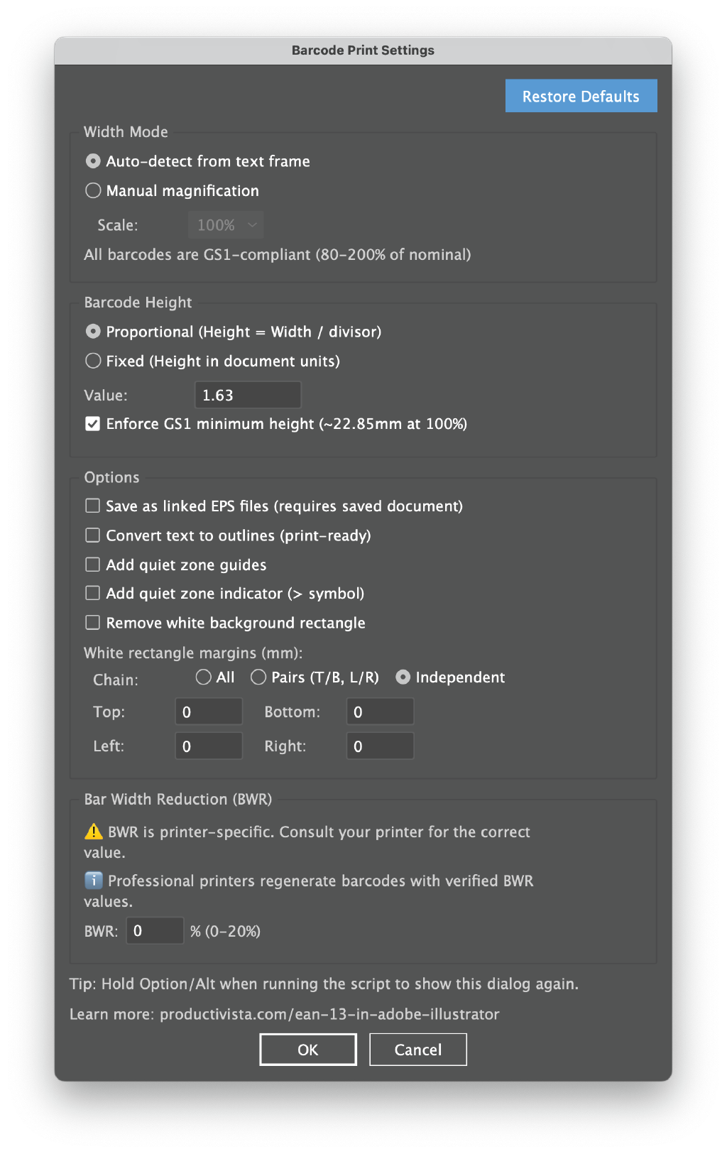 EAN13 Barcode for Illustrator Print Settings dialog box with controls for barcode width, height, GS1 minimum height, outlined text, quiet-zone guides, background margins, and bar width reduction.