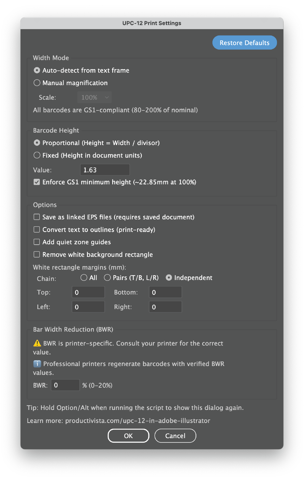 UPC-12 Print Settings dialog box with controls for barcode width and magnification, barcode height, GS1 minimum height, linked EPS files, outlined text, quiet-zone guides, background margins, and bar width reduction.