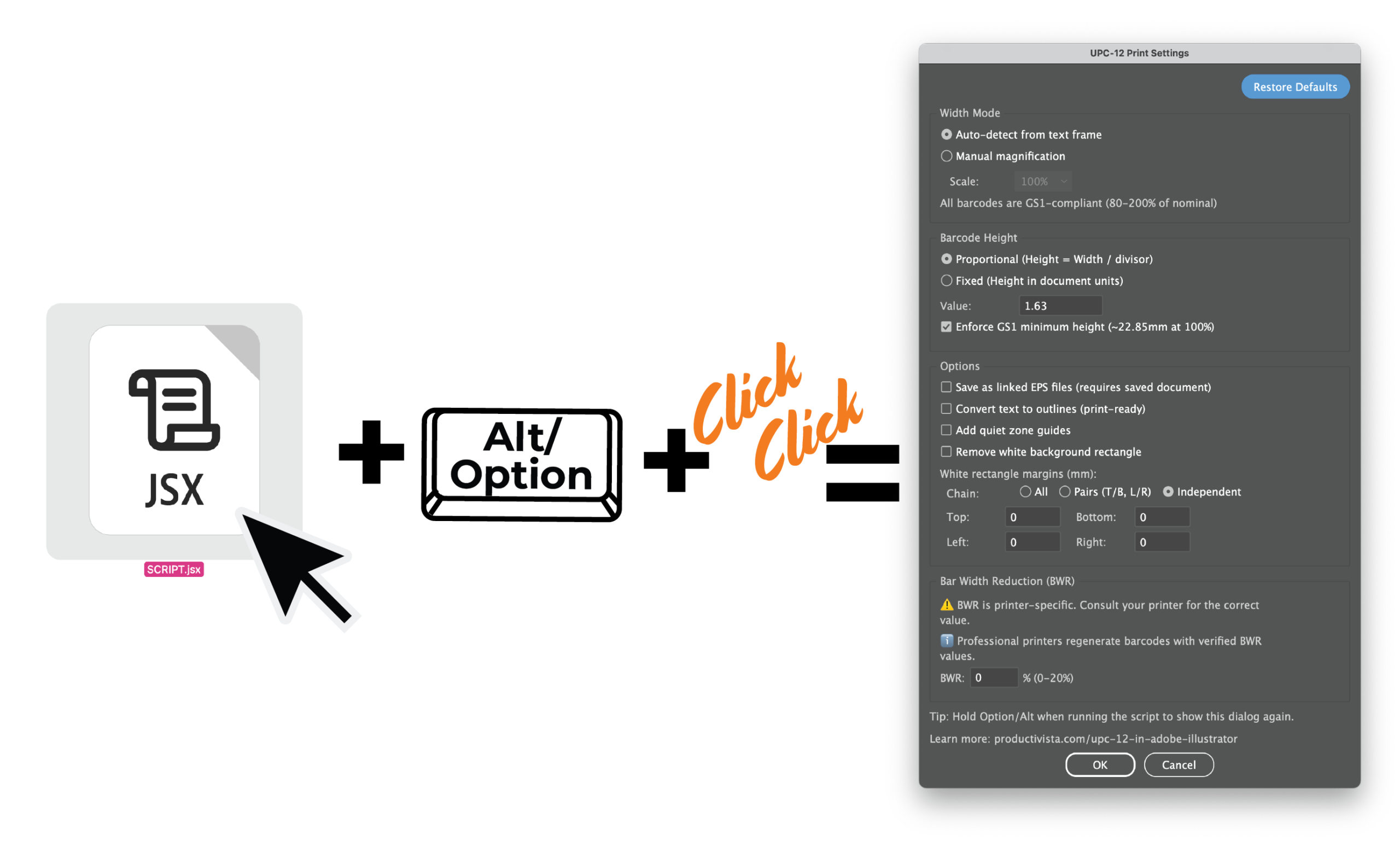 UPC12Barcode.jsx script icon with the Alt or Option key and a double-click action opening the UPC-12 Print Settings dialog box in Illustrator.